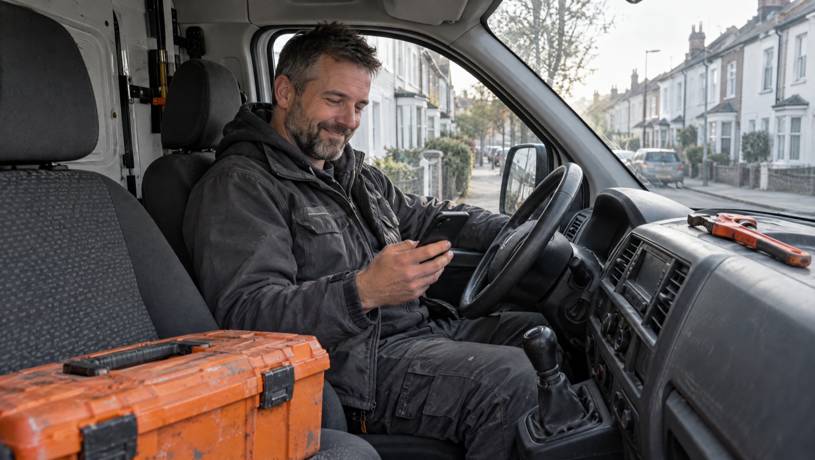 Ein Installateurmeister liest im Transporter lächelnd eine Nachricht