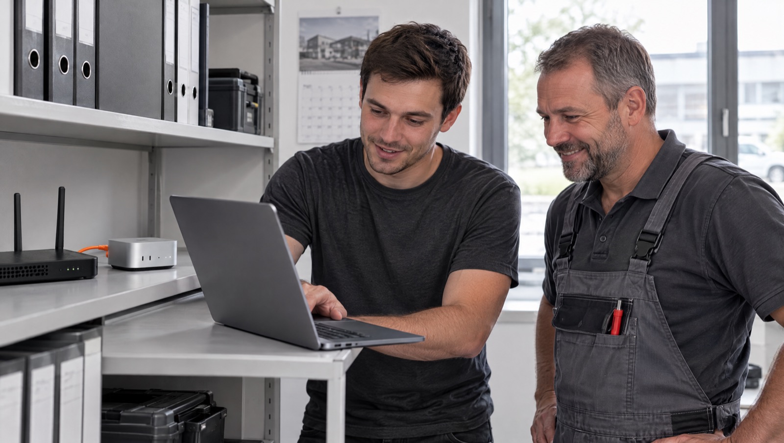 Ein Noro-Techniker stellt mit dem Meister den Mac mini im Büro auf