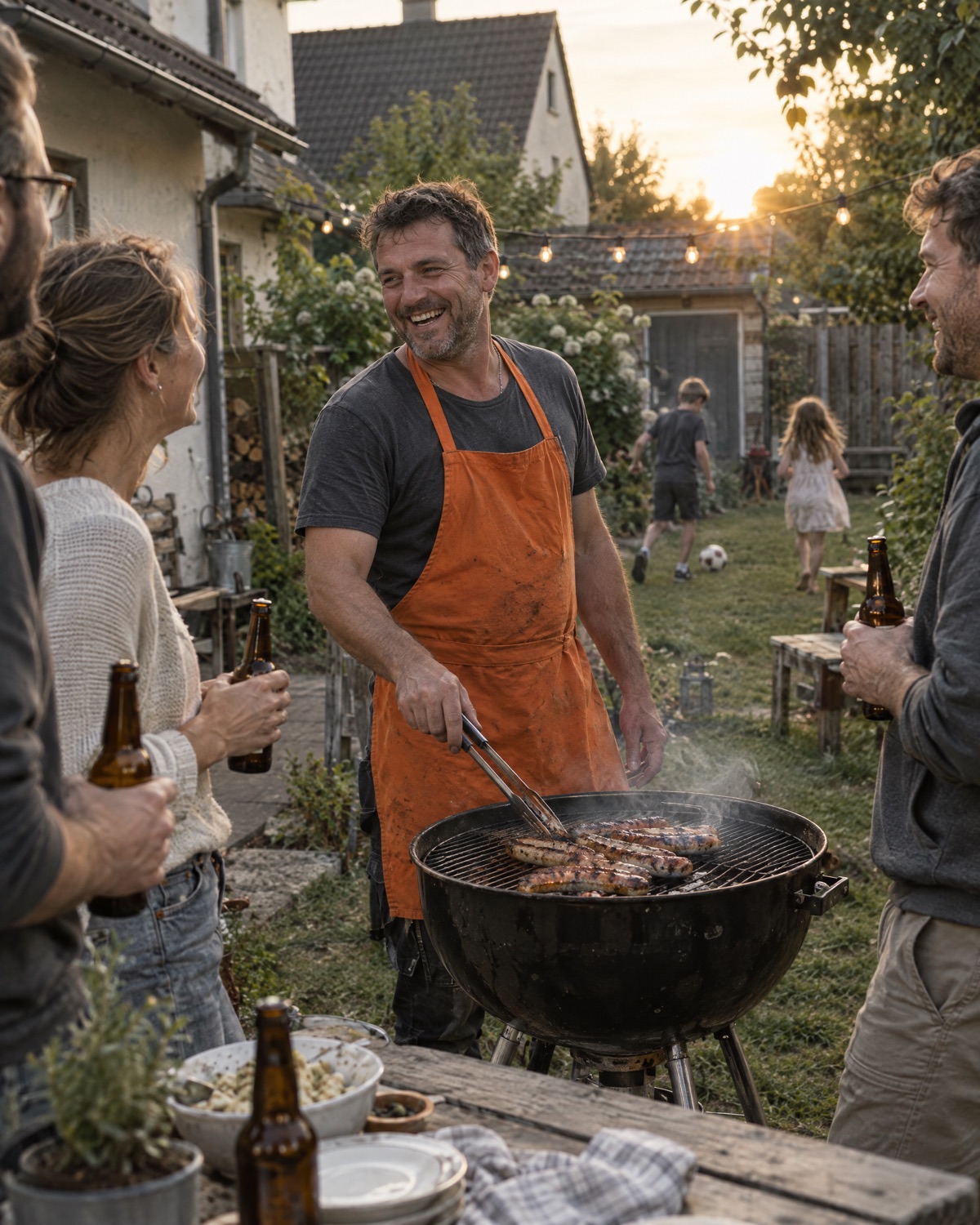 Ein Dachdecker grillt lachend mit Nachbarn im Garten